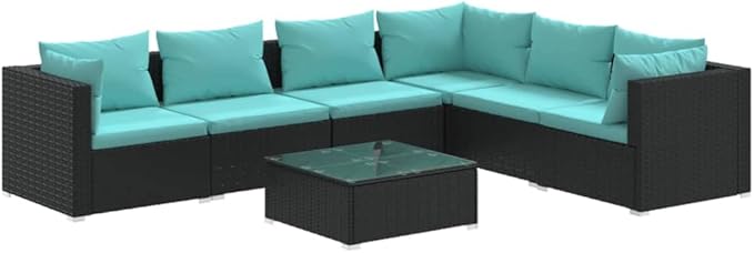 7 Piece Patio Lounge Set with Cushion, Outdoor Patio Sectional Piece Patio Set Furniture Conversation Sets Patio Lounge Set s Poly Rattan Black