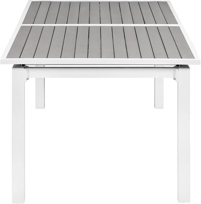 Pemberly Row Outdoor Extendable Patio Dining Table, 100.5" x 39" x 30", Gray Plastic Wood and White Aluminum, Contemporary Design, Includes Attachable Leaf, Ideal for Outdoor Entertaining
