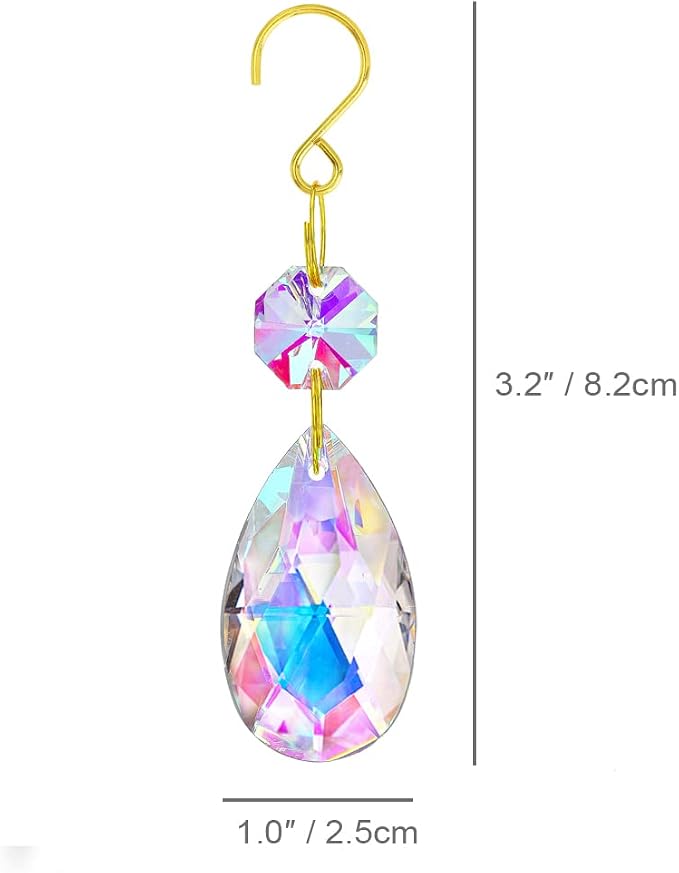 25pcs Crystal Teardrop Chandelier Parts, 38mm Suncatcher Crystal Prisms | Hanging Ornament Chandelier Crystals Rainbow Maker for Windows/Wedding Christmas Tree Decor (Glod Hook+Ring)