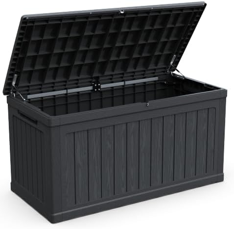 230 Gallon Large PC Resin Outdoor Deck Box, Hydraulic Lift Lid Waterproof Storage Bench, Multipurpose Storage Box for Patio Cushions Garden Tools Pool Supplies Backyard Deck