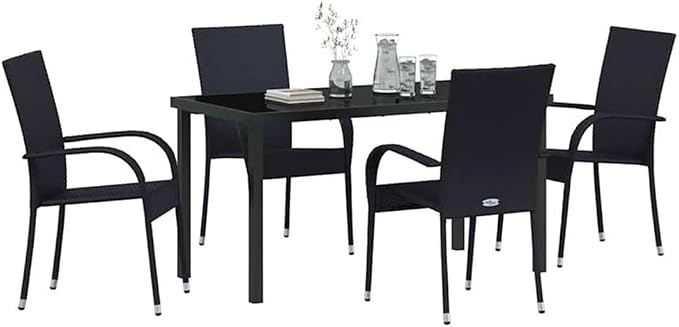 Afuera Living 5-Piece Poly Rattan Garden Dining Set, Black Powder-Coated Steel Frame, Weather-Resistant, Rectangular Table with Comfortable Seating, Modern Outdoor Furniture for Patio, Balcony, or