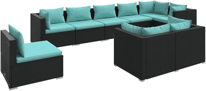 9 Piece Patio Lounge Set with Cushion, Patio Lounge Set Furniture Conversation Sets Piece Patio Set Outdoor Patio Sectional s Poly Rattan Black