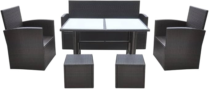 6 Piece Patio Dining Set with Cushions Poly Rattan Brown for Outdoor Garden Porch, 7-Person Rattan Furniture with Tempered Glass Table, Armchairs, Footrests, Weatherproof Seating