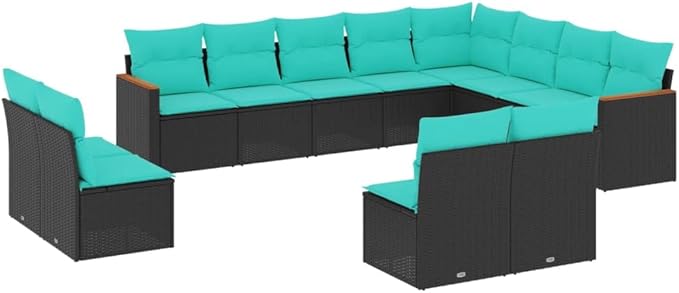 12 Piece Patio Sofa Set with Cushions, Porch Furniture Set Patio Conversation Set Outdoor Sofa Sets Front Porch Furniture for Negotiation Area Garden Piazza Poolside Black Poly Rattan