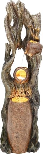 42.7in Tall Outdoor Water Fountain with LED Lights, 3-Tier Rainforest Waterfall Tree Trunk & Jar Design, Perfect for Serene Relaxing Patio, Yard and Porch Decor