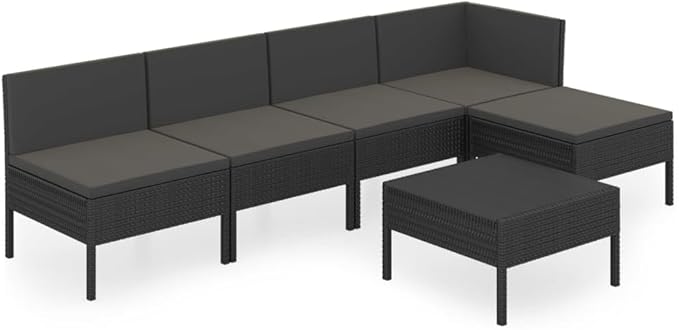6 Piece Patio Lounge Set with Cushions,Patio Sofa,Outdoor Daybed,Outdoor Furniture Sets,Patio Seating,Patio Conversation Sets,Modern Set,Patio Furniture Set,Front Porch Furniture, Poly Rattan Black