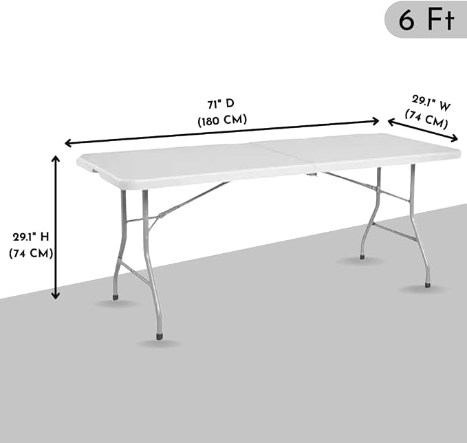 6ft Foldable Heavy Duty Plastic Table - Ideal for Indoor & Outdoor Events: Parties, Picnic, Camping, Weddings, Catering, and Garden Dining - Portable Fold-in-Half Utility Table (White)