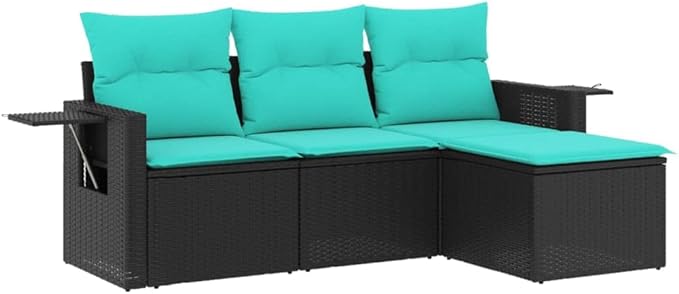 4-Piece Patio Sofa Set Black PE Rattan Outdoor Conversation Set with Removable Cushions, Modular Garden Furniture for Backyard Balcony Porch Includes Foldable Side Table & Storage