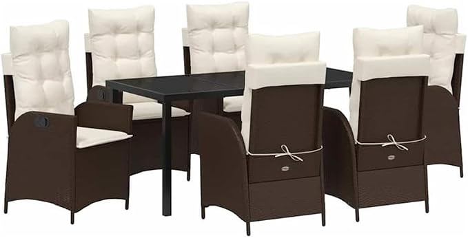 Afuera Living 7 Piece Poly Rattan Garden Dining Set, Black Finish, Cushioned Seats, Glass Tabletop, UV-Resistant Woven Texture, Steel Frame, Ergonomic Design, Ideal for Patio, Porch, Backyard Dining