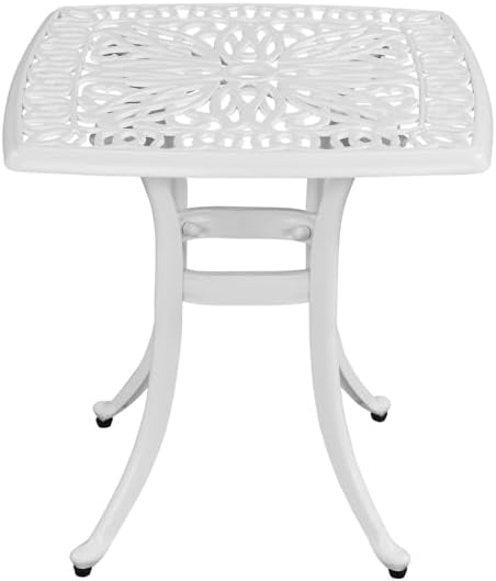 Patio Cast Aluminum Side Table with Umbrella Hole, Outdoor End Table Small Square Coffee Table for Backyard, Garden, Porch, Balcony, Pool Side, Indoor, White