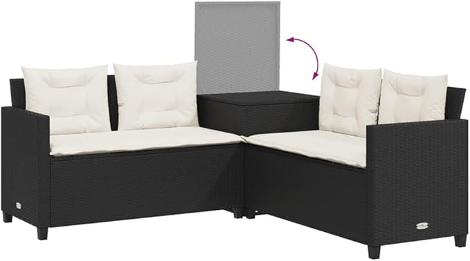 Patio Sofa with Table and Cushions, Outdoor Dining Sets Patio Conversation Set Bistro Set Front Porch Furniture for Piazza Poolside Negotiation Area Exhibition L-Shaped Black Poly Rattan