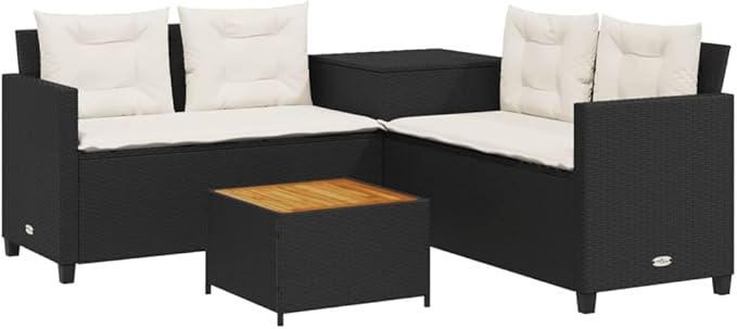 Patio Sofa with Table and Cushions, Outdoor Dining Sets Patio Conversation Set Bistro Set Front Porch Furniture for Piazza Poolside Negotiation Area Exhibition L-Shaped Black Poly Rattan