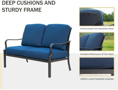 Outdoor 4 pcs Patio Conversation Set, Metal Dining Table and Chairs Dining Set with Removable Navy Blue Cushions for Garden Lawn Yard