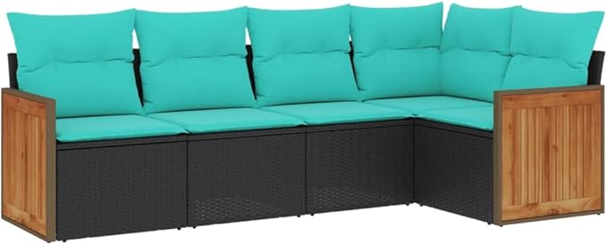 5 Piece Patio Sofa Set with Cushions, Sectional Sofa Garden Lounge Set Patio Conversation Set Outdoor Sofa Sets for Exhibition Poolside Garden Piazza Black Poly Rattan