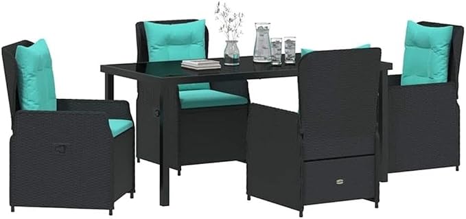 Afuera Living 5 Piece Poly Rattan Garden Dining Set, Black Finish, Powder-Coated Steel Frame, Weather-Resistant, Adjustable Armrests, Modern Outdoor Patio Furniture for Gardens or Poolside Dining