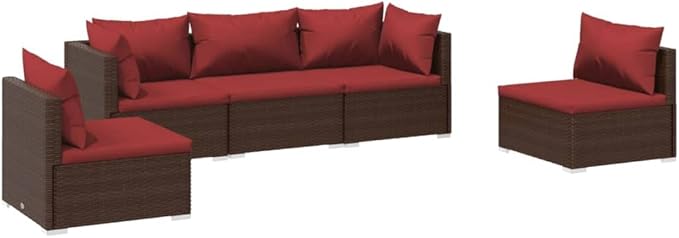 5 Piece Patio Lounge Set with Cushion, Furniture Conversation Sets Patio Lounge Set Outdoor Patio Sectional Piece Patio Set s Poly Rattan Brown