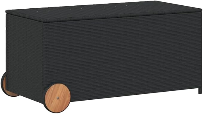 50.2 Gal Outdoor Storage Box with Wheels, Patio Rattan Deck Box, Wicker Garden Storage Bin Deck Box, Poly Rattan Patio Storage Chest with Hinged Lid, 42.1"x21.7"x19.7"/20.9" Black
