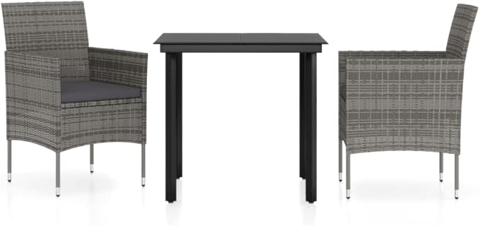 3-Piece Garden Dining Set, Square PE Rattan Patio Bistro Table and 2 Chairs with Cushions, Grey and Black Outdoor Furniture Conversation Set for Balcony, Backyard and Terrace