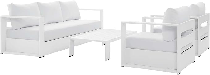 Modway Tahoe 4-Piece Outdoor Patio Set, White, Armchairs, Sofa, Coffee Table