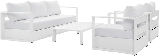 Modway Tahoe 4-Piece Outdoor Patio Set, White, Armchairs, Sofa, Coffee Table
