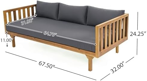 Merax Outdoor Acacia Wood Conversation Set - Patio 3-Seat Loveseat Sofa w/Coushion and Round Coffee Table for Backyard, Lawn, Balcony, Teak+Dark Gray