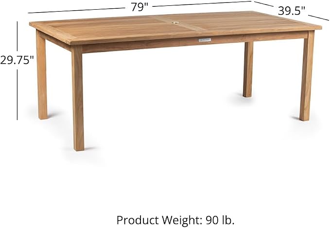TITAN GREAT OUTDOORS Ash & Ember Sandhill Grade A Teak Dining Table, 79" Outdoor Patio Wood Table, Premium Joinery, Hand-Sanded Craftsmanship, Solid Brass Hardware, Fits Standard Patio Umbrellas