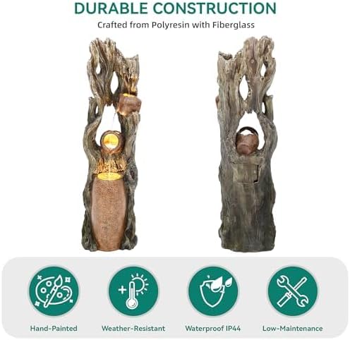 42.7in Tall Outdoor Water Fountain with LED Lights, 3-Tier Rainforest Waterfall Tree Trunk & Jar Design, Perfect for Serene Relaxing Patio, Yard and Porch Decor
