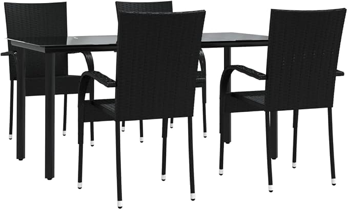 5 Piece Patio Dining Set, Outdoor Wicker Table and 4 Stackable Chairs, Weather-Resistant Poly Rattan Furniture for Garden, Backyard, Poolside, Black