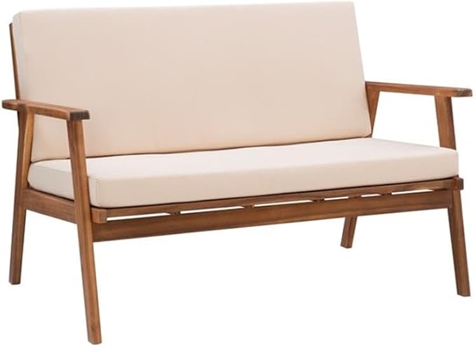 Linon Cooper Acacia Wood 4 Seater Removable Cushion Outdoor Patio Conversation Chat Sofa Set in Natural with Coffee Table