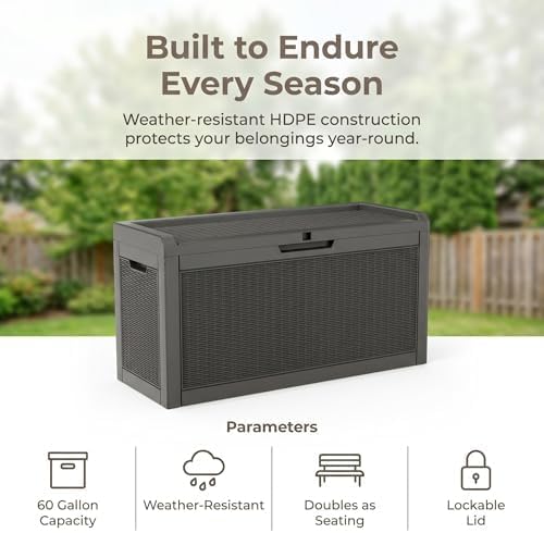 60 Gallon Deck Box, Waterproof Resin Outdoor Storage Box with Lockable Lid, Patio Storage Box with Fade Resistant for Patio Furniture Cushions, Pool Accessories, Garden Tools, Light Coffee
