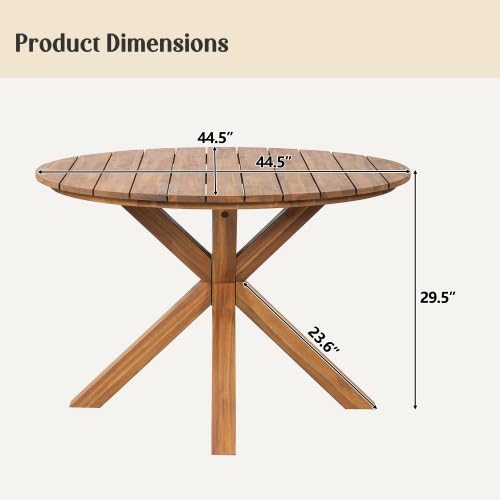 44.5 Inch Round Outdoor Dining Table, Premium Acacia Wood Patio Table, with X-Shaped Base, Slatted Wooden Table, for Garden, Backyard, Balcony and Indoor Use, Natural Wood Finish