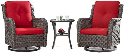 Outdoor 360 Degree Swivel Rocker Patio Chairs Sets of 2 and Matching Side Table - 3 Piece Patio Wicker Glider Chairs with Olefin Cushions(Mixed Grey/Red)