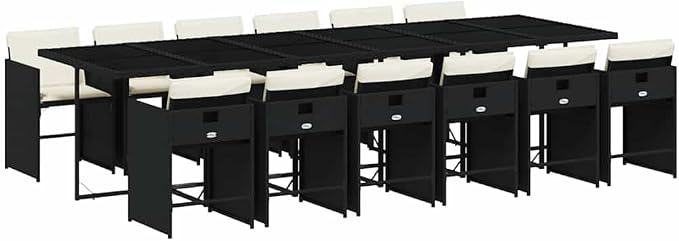 13 Piece Patio Dining Set with Cushions Black Poly Rattan Outdoor Table and 12 Folding Chairs for Garden Backyard Relaxing Space-Saving UV-Proof Tempered Glass