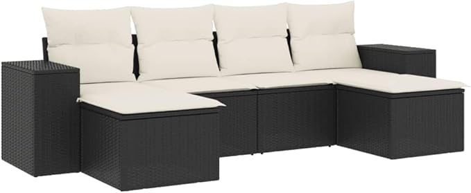 vidaXL Patio Sofa Set with Cushions 6 Piece, Outdoor Conversation Set, Sectional Sofa for Balcony Garden, Modern Style, Black Poly Rattan