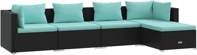 5 Piece Patio Lounge Set with Cushion, Outdoor Patio Sectional Furniture Conversation Sets Piece Patio Set Patio Lounge Set s Poly Rattan Black