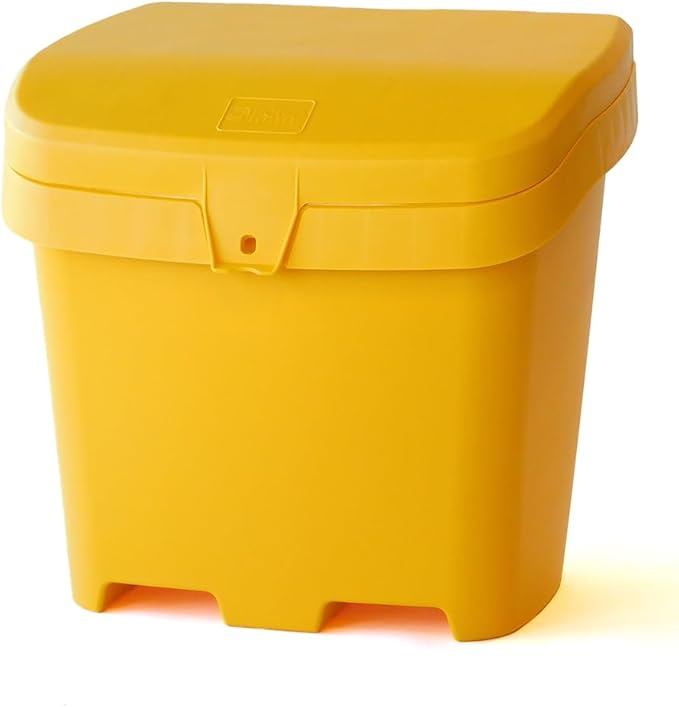 FCMP Outdoor 31-Gallon Salt & Sand Storage Bin, Yellow - Lockable Lid, Weather-Resistant UV-Resistant Plastic, Forklift Pockets, Deck Box for Patio & Garden
