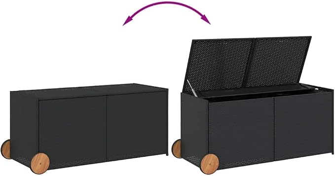 Black Poly Rattan Garden Storage Box with Wheels, 74.8 Gal Outdoor Patio Storage for Cushions and Blankets