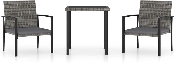 3 Piece Patio Dining Set Poly Rattan Gray Outdoor Furniture Table Chairs Set with Cushions for Garden Yard Porch Balcony Backyard Steel Frame Weatherproof