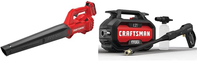 CRAFTSMAN 20V MAX Cordless Leaf Blower Kit with Battery & Charger Included (CMCBL710D1) Red | Craftsman Electric Pressure Washer, Cold Water, 1700-PSI, 1.2-GPM, Corded (CMEPW1700)