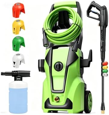 Professional 𝟓𝟎𝟎𝟎𝐏𝐒𝐈 𝐏𝐫𝐞𝐬𝐬𝐮𝐫𝐞 𝐖𝐚𝐬𝐡𝐞𝐫, Electric Power Washer with Foam Cannon,4 Nozzles,33FT Hose and Soap Bottle, Car/Driveway/Patio Clean,Green