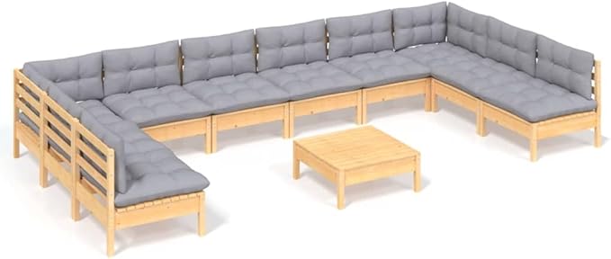 Patio Furniture Sets,Outdoor loveseat,Patio Conversation Sets,11 Piece Patio Lounge Set with Gray Cushions Solid PinewoodSuitable for Patio, Garden, Gazebo Low