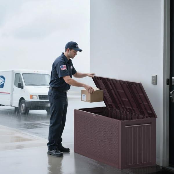 90gal Outdoor Garden Plastic Storage Deck Box Tools Lockable Seat (Brown)