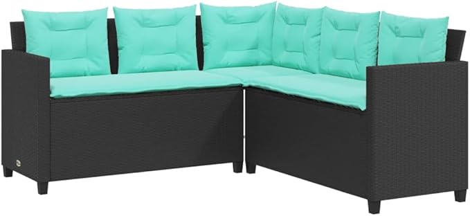 Patio Sofa with Table and Cushions, Patio Conversation Set Bistro Set Outdoor Dining Sets Front Porch Furniture for Negotiation Area Garden Poolside Exhibition L-Shaped Black Poly Rattan