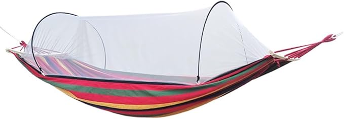 Outdoor Double Hammock with Protective Mesh, Camping Thick Canvas Hanging Bed, Storage Bag/tie Rope, Load Bearing 300kg/661.4lbs(Red Stripes)