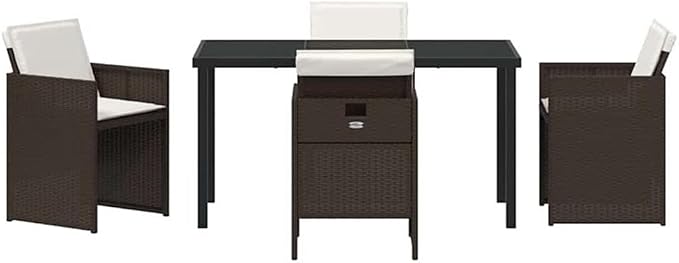 Afuera Living 5 Piece Patio Dining Set, Poly Rattan with Cushions, Brown Finish, Tempered Glass Table, Powder-Coated Steel Legs, Weather-Resistant Outdoor Seating for Gardens, Patios, or Backyard Use