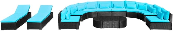 13 Piece Patio Lounge Set with Cushions,Garden Outdoor Seating Patio Sofa Set Conversation Patio Furniture Suitable for Garden Balcony Backyard Porch Lawn Poly Rattan Blue