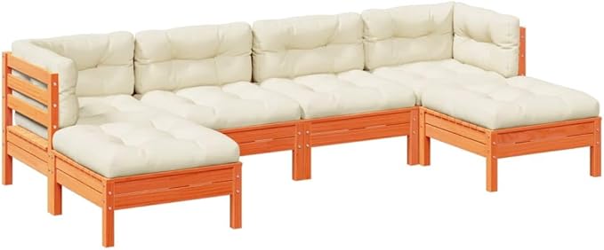 6 Piece Patio Sofa Set with Cushions, Front Porch Furniture Patio Conversation Set Garden Lounge Set Outdoor Dining Sets for Garden Negotiation Area Poolside Piazza Wax Brown Solid Wood Pine