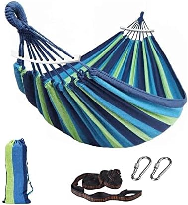 Outdoor Hammock Portable Garden Hammock Sports Home Travel Camping Swing Canvas Stripe Hang Bed Hammock Double Single People (260x150 Blue Upgrade)