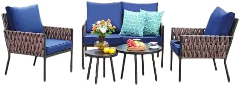 5 Pieces Patio Furniture Set,Outdoor Conversation Set with 2 Round Side Tables,Modern Metal Outdoor Couch with Waterproof Cushions for Backyard,Porch,Navy