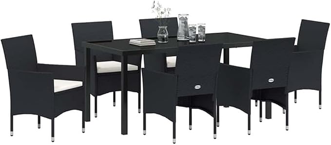 Afuera Living 7 Piece Poly Rattan Garden Dining Set, Black Finish, Powder-Coated Steel Frame, Weather-Resistant Cushions, Tempered Glass Table, Seating for 6, Outdoor Patio or Backyard Dining Use